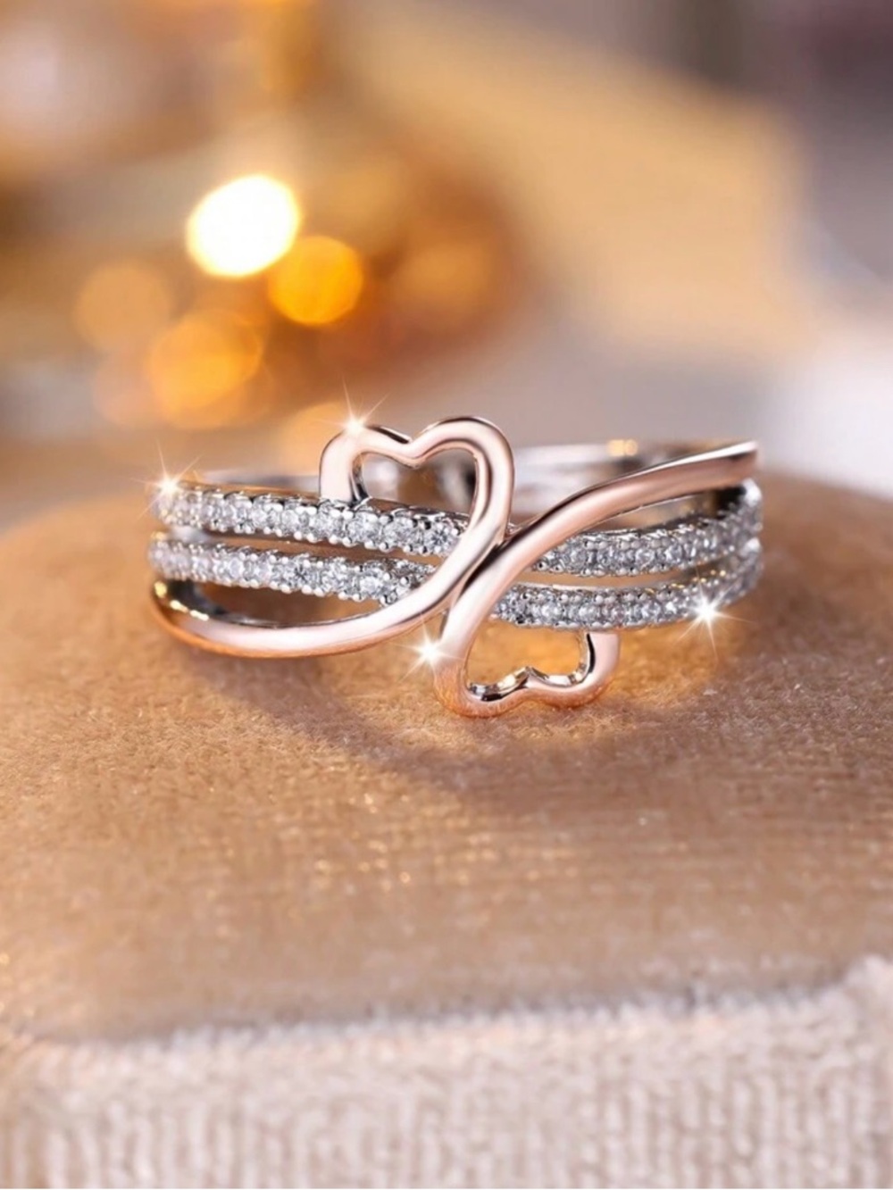 Elegant Rose Gold Heart Accent Ring with Cubic Zirconia Stones